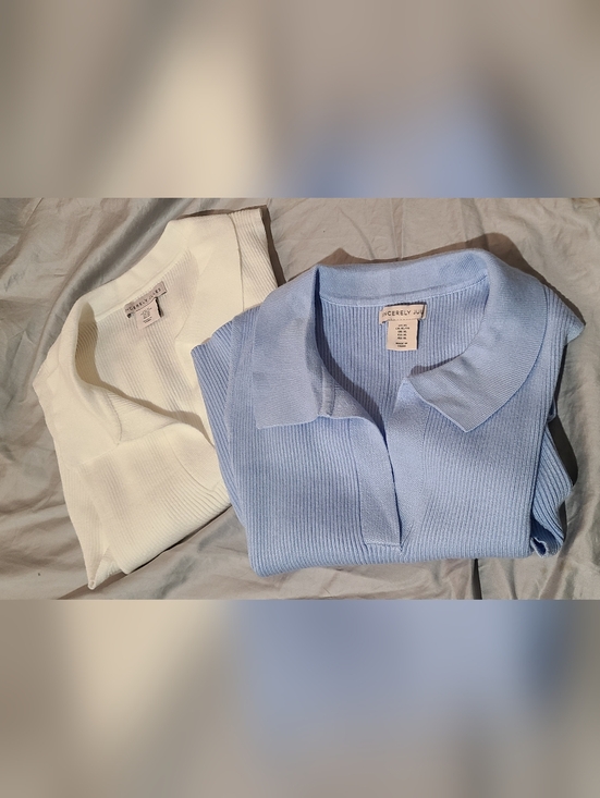 Sincerly Jules Tops - BUNDLE Sincerely Jules Ribbed V-Neck Sweater Polo - White & Light Blue